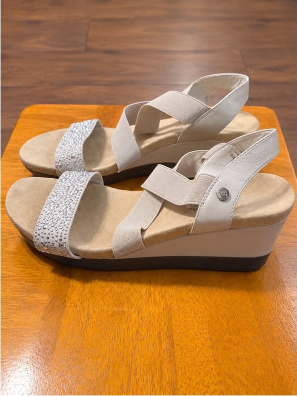 Time and Tru Beige Wedge Sandals with Rhinestone Front Strap
